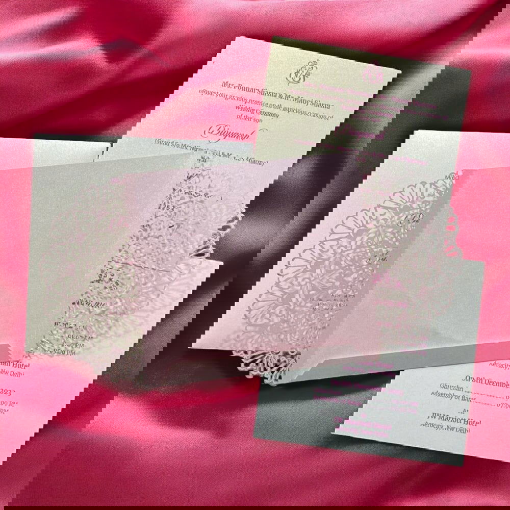 KL8009-4 Laser Cut Paper Wedding Card with 2 Card Inserts and 1 Envelope - Kalash Cards