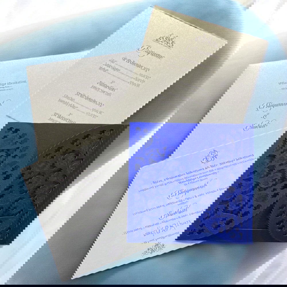 KL8010-2 Laser Cut Paper Wedding Card with 2 Card Inserts and 1 Envelope - Kalash Cards