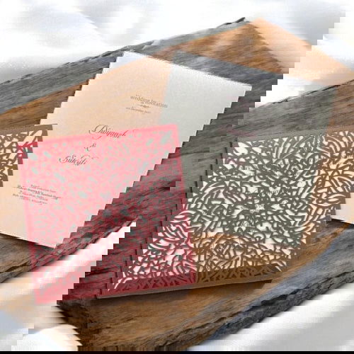 KL8012-1 Laser Cut Paper Wedding Card with 2 Card Inserts and 1 Envelope - Kalash Cards