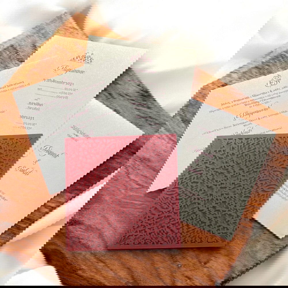 KL8012-1 Laser Cut Paper Wedding Card with 2 Card Inserts and 1 Envelope - Kalash Cards