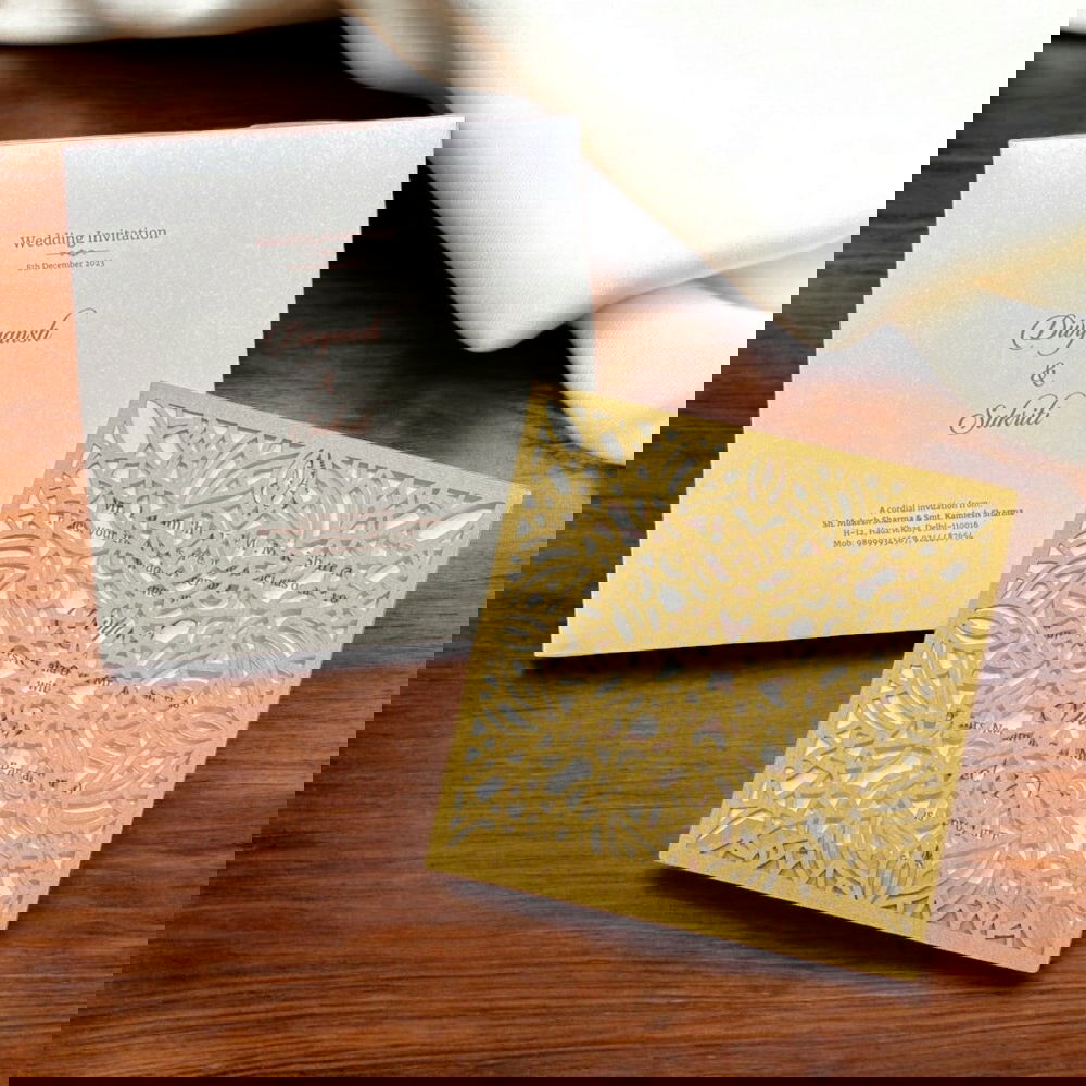 KL8012-3 Laser Cut Paper Wedding Card with 2 Card Inserts and 1 Envelope - Kalash Cards