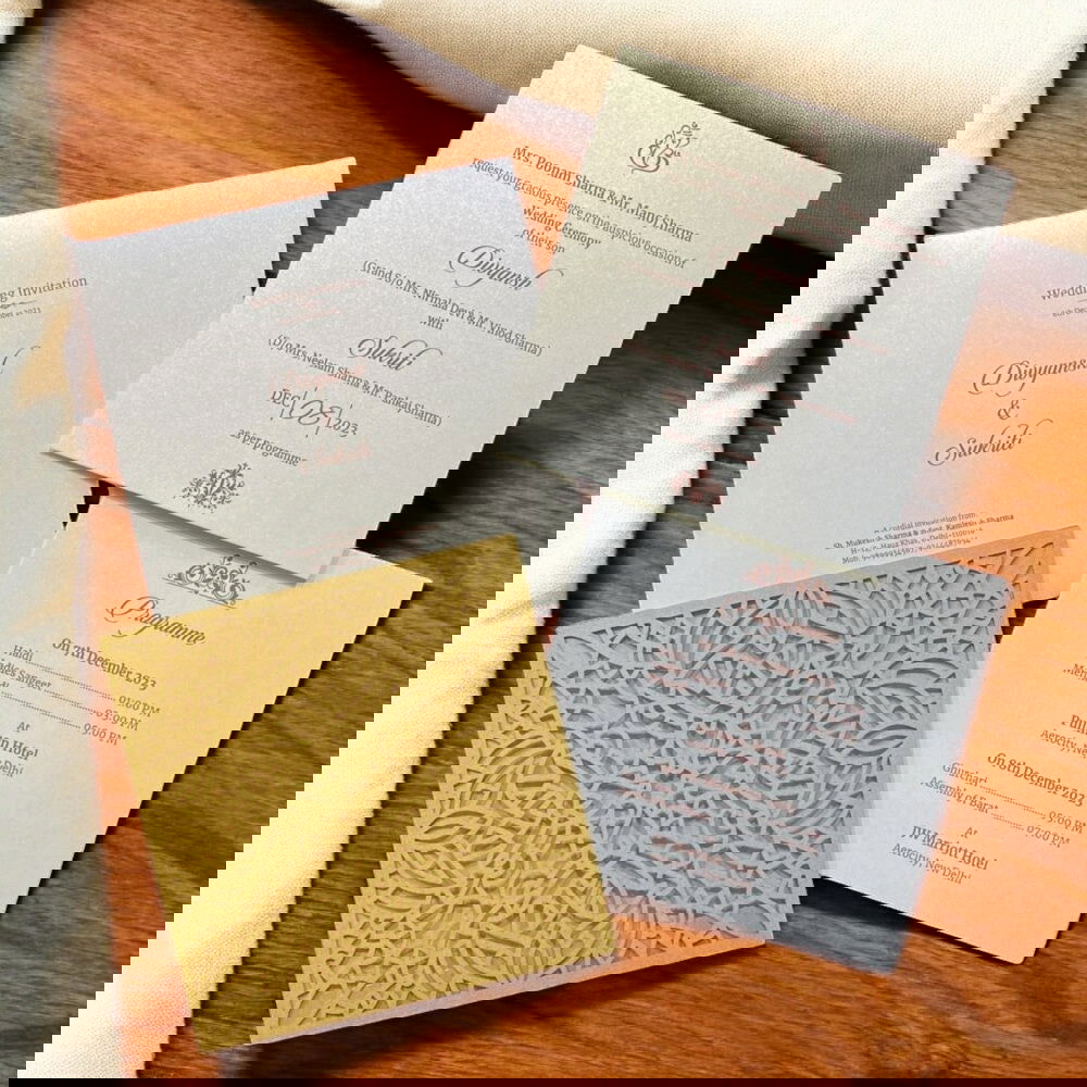 KL8012-3 Laser Cut Paper Wedding Card with 2 Card Inserts and 1 Envelope - Kalash Cards