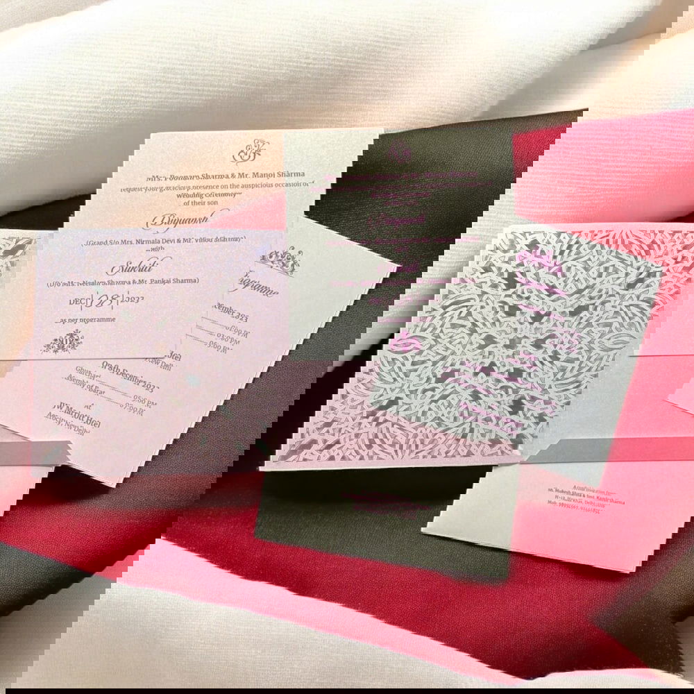 KL8012-4 Laser Cut Paper Wedding Card with 2 Card Inserts and 1 Envelope - Kalash Cards