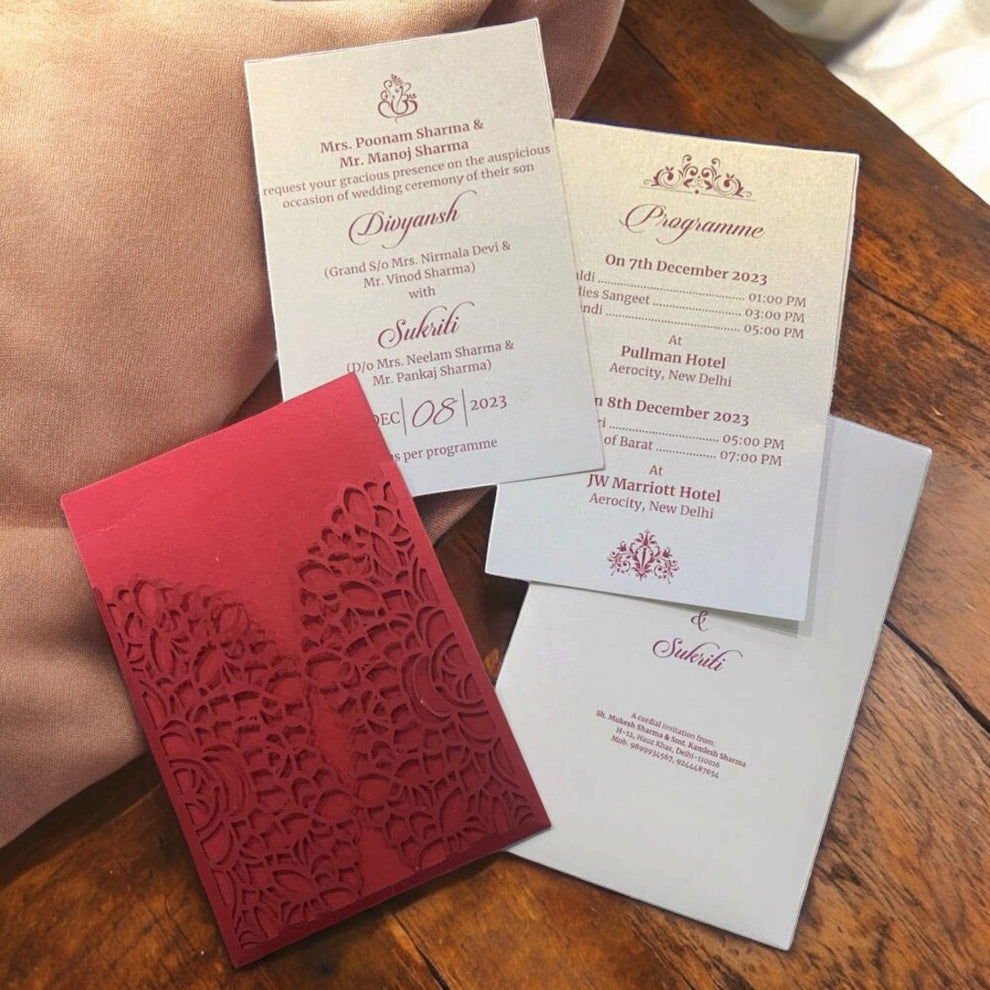 KL8013-1 Laser Cut Paper Wedding Card with 2 Card Inserts and 1 Envelope - Kalash Cards