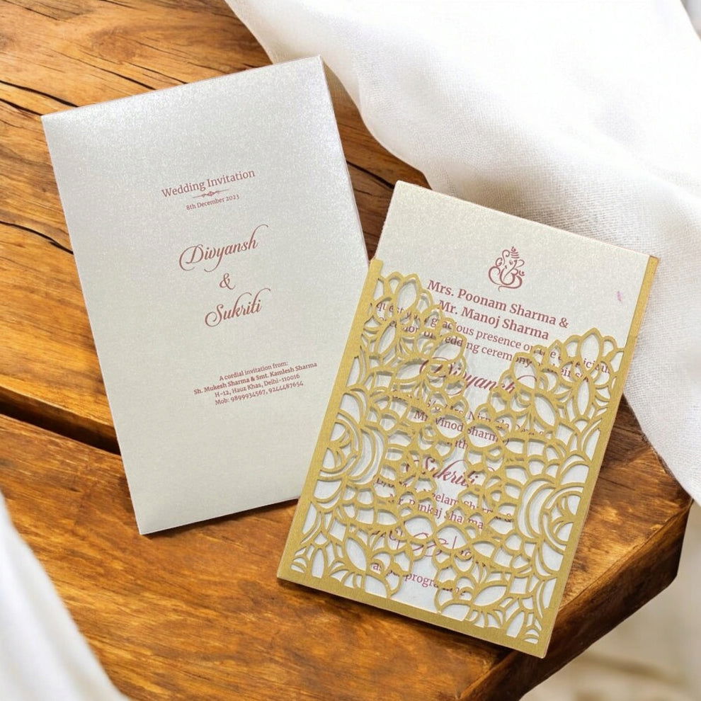 KL8013-3 Laser Cut Paper Wedding Card with 2 Card Inserts and 1 Envelope - Kalash Cards