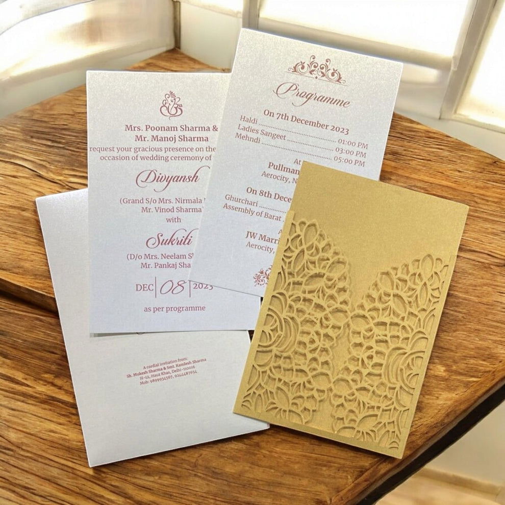 KL8013-3 Laser Cut Paper Wedding Card with 2 Card Inserts and 1 Envelope - Kalash Cards