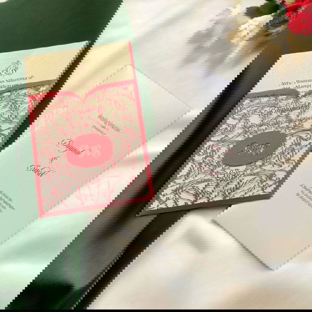 KL8014-1 Laser Cut Paper Wedding Card with 2 Card Inserts and 1 Envelope - Kalash Cards