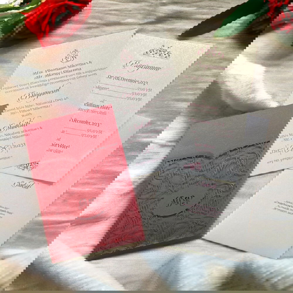 KL8014-1 Laser Cut Paper Wedding Card with 2 Card Inserts and 1 Envelope - Kalash Cards