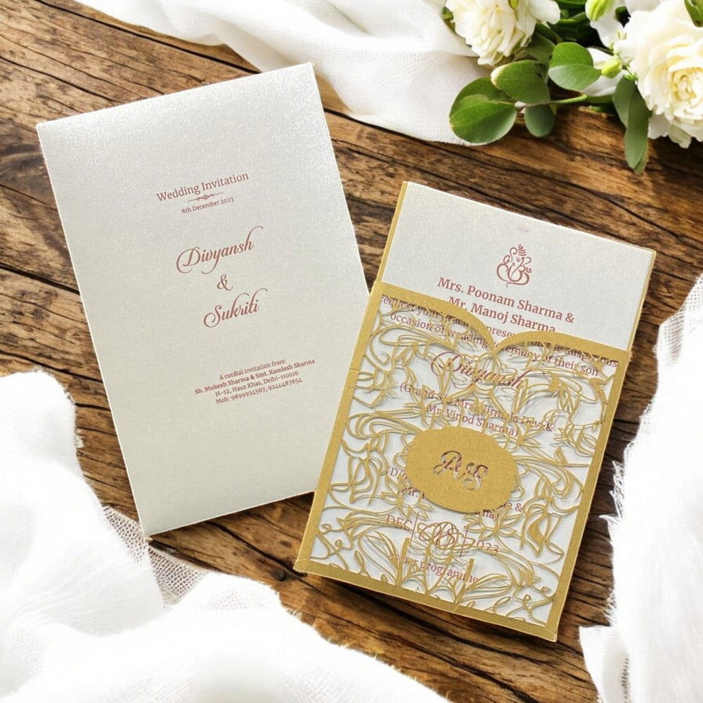 KL8014-3 Laser Cut Paper Wedding Card with 2 Card Inserts and 1 Envelope - Kalash Cards