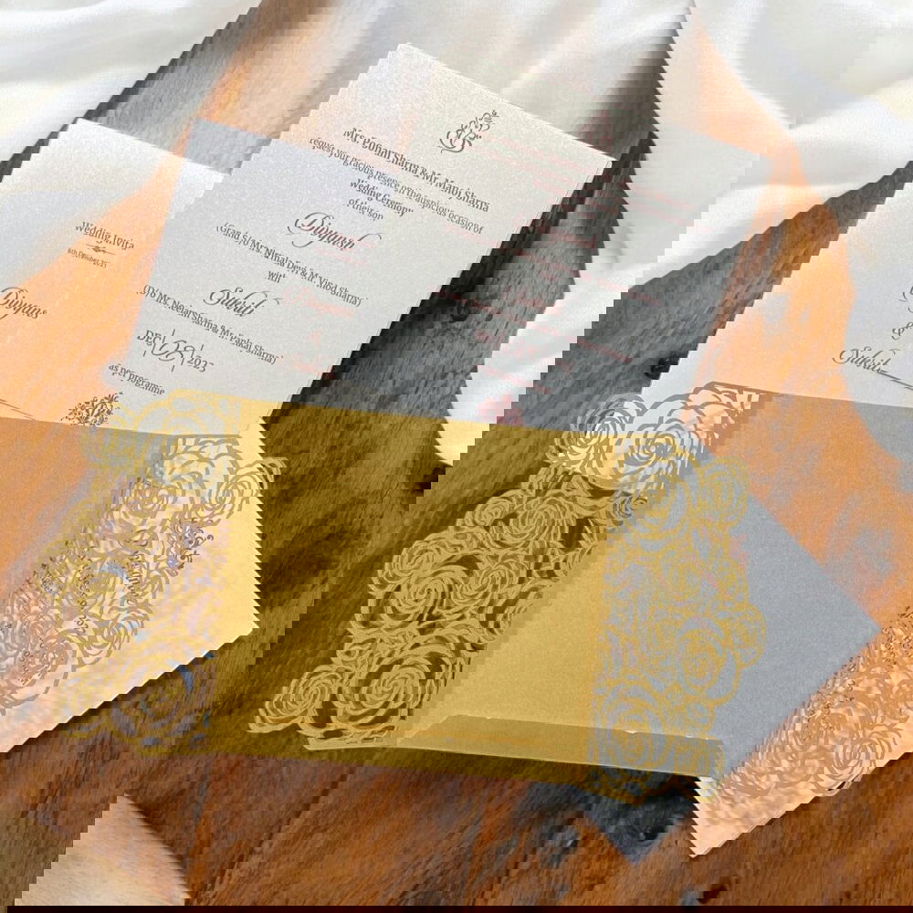 KL8015-3 Laser Cut Paper Wedding Card with 2 Card Inserts and 1 Envelope - Kalash Cards