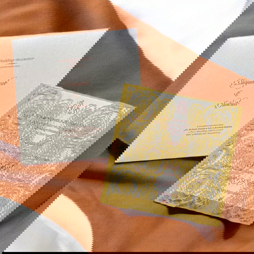 KL8015-3 Laser Cut Paper Wedding Card with 2 Card Inserts and 1 Envelope - Kalash Cards