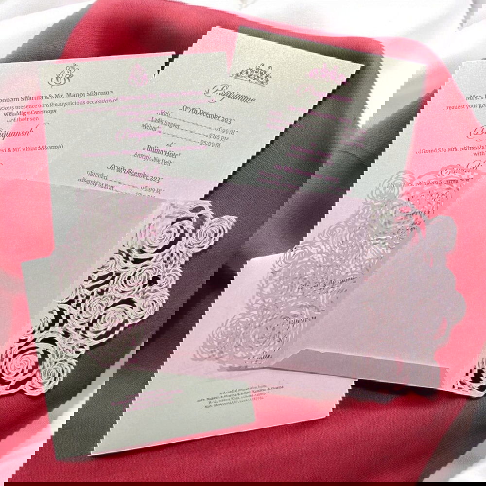 KL8015-4 Laser Cut Paper Wedding Card with 2 Card Inserts and 1 Envelope - Kalash Cards