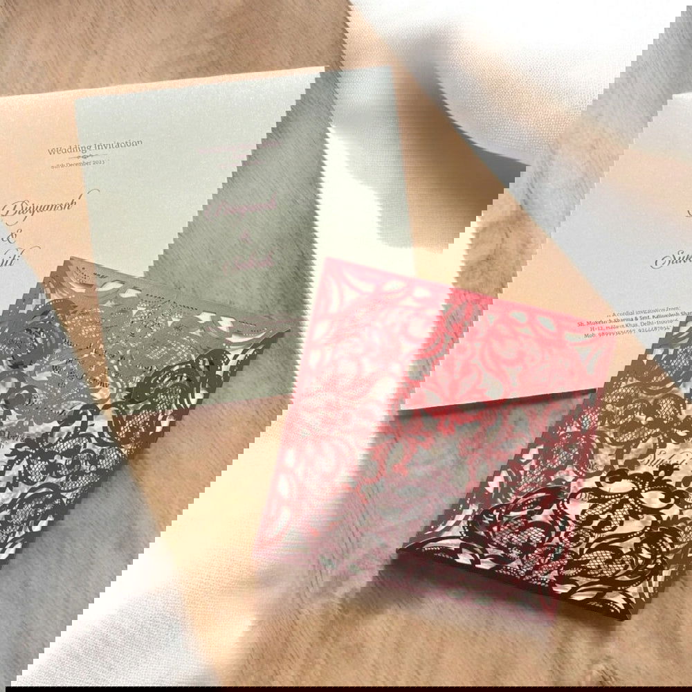 KL8016-1 Laser Cut Paper Wedding Card with 2 Card Inserts and 1 Envelope - Kalash Cards