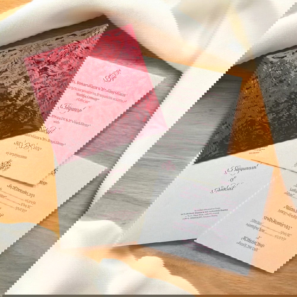 KL8016-1 Laser Cut Paper Wedding Card with 2 Card Inserts and 1 Envelope - Kalash Cards