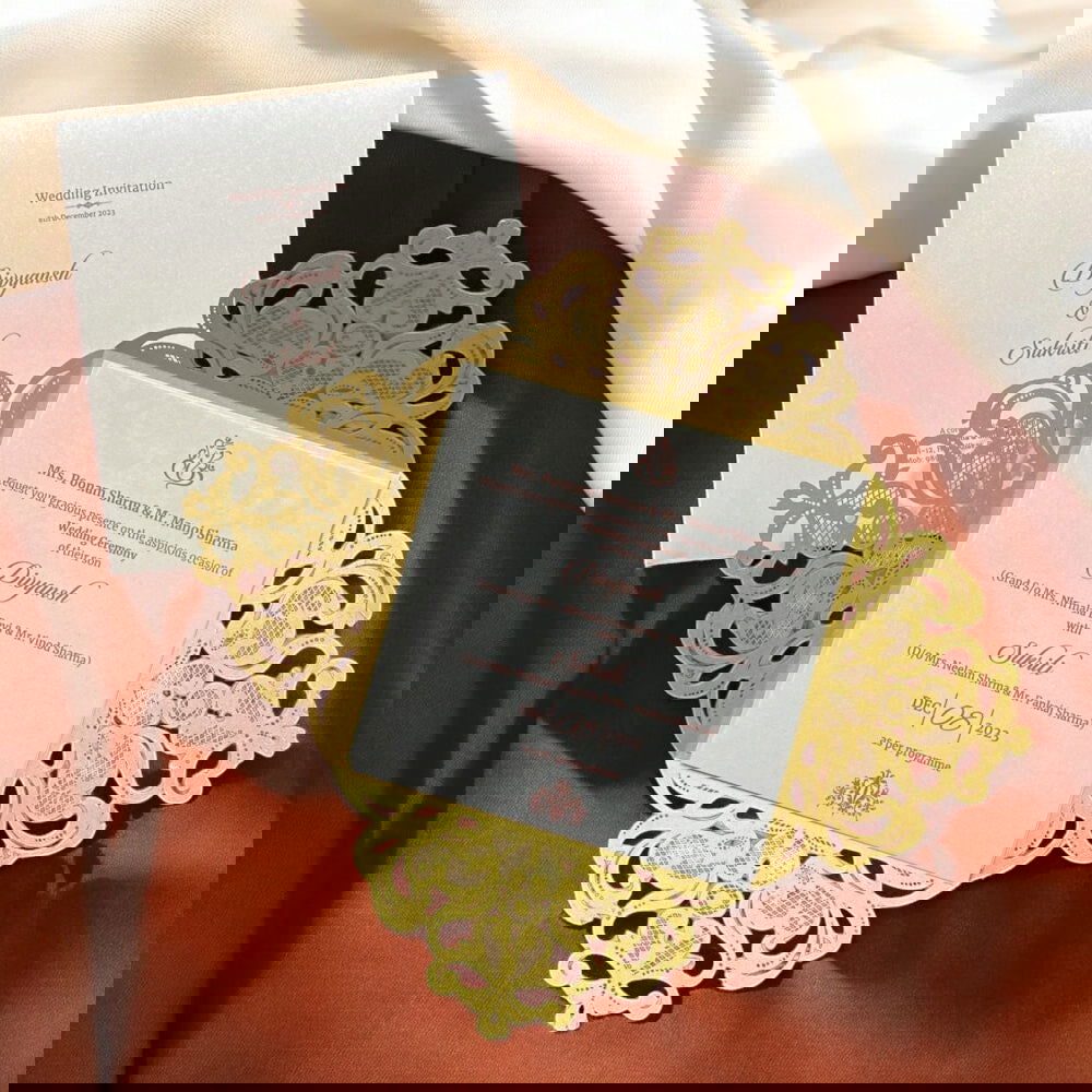 KL8016-3 Laser Cut Paper Wedding Card with 2 Card Inserts and 1 Envelope - Kalash Cards