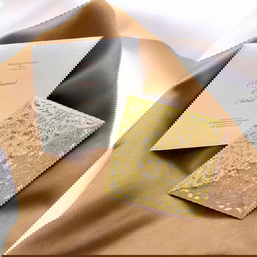 KL8016-3 Laser Cut Paper Wedding Card with 2 Card Inserts and 1 Envelope - Kalash Cards