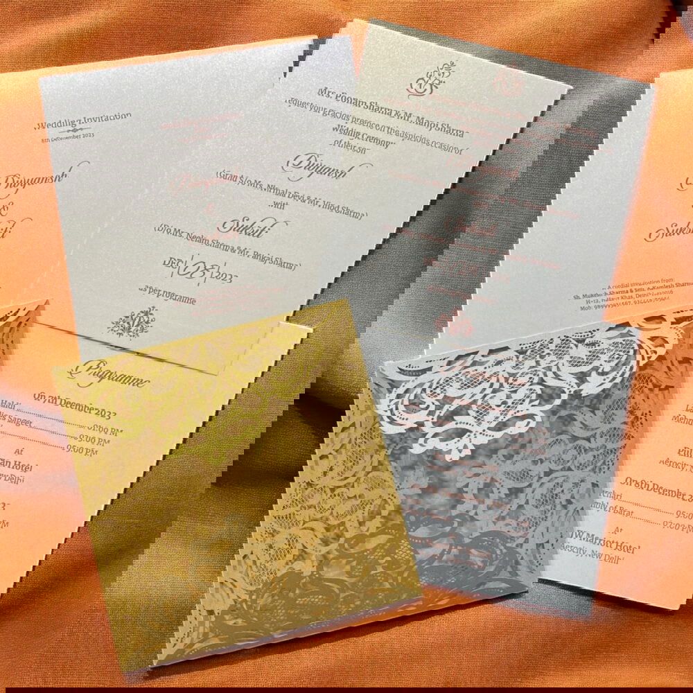 KL8016-3 Laser Cut Paper Wedding Card with 2 Card Inserts and 1 Envelope - Kalash Cards