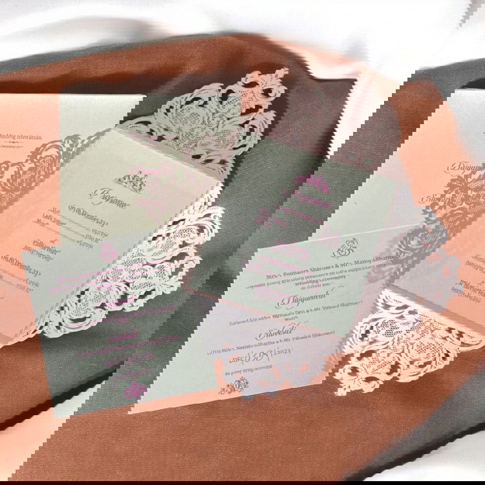 KL8016-4 Laser Cut Paper Wedding Card with 2 Card Inserts and 1 Envelope - Kalash Cards