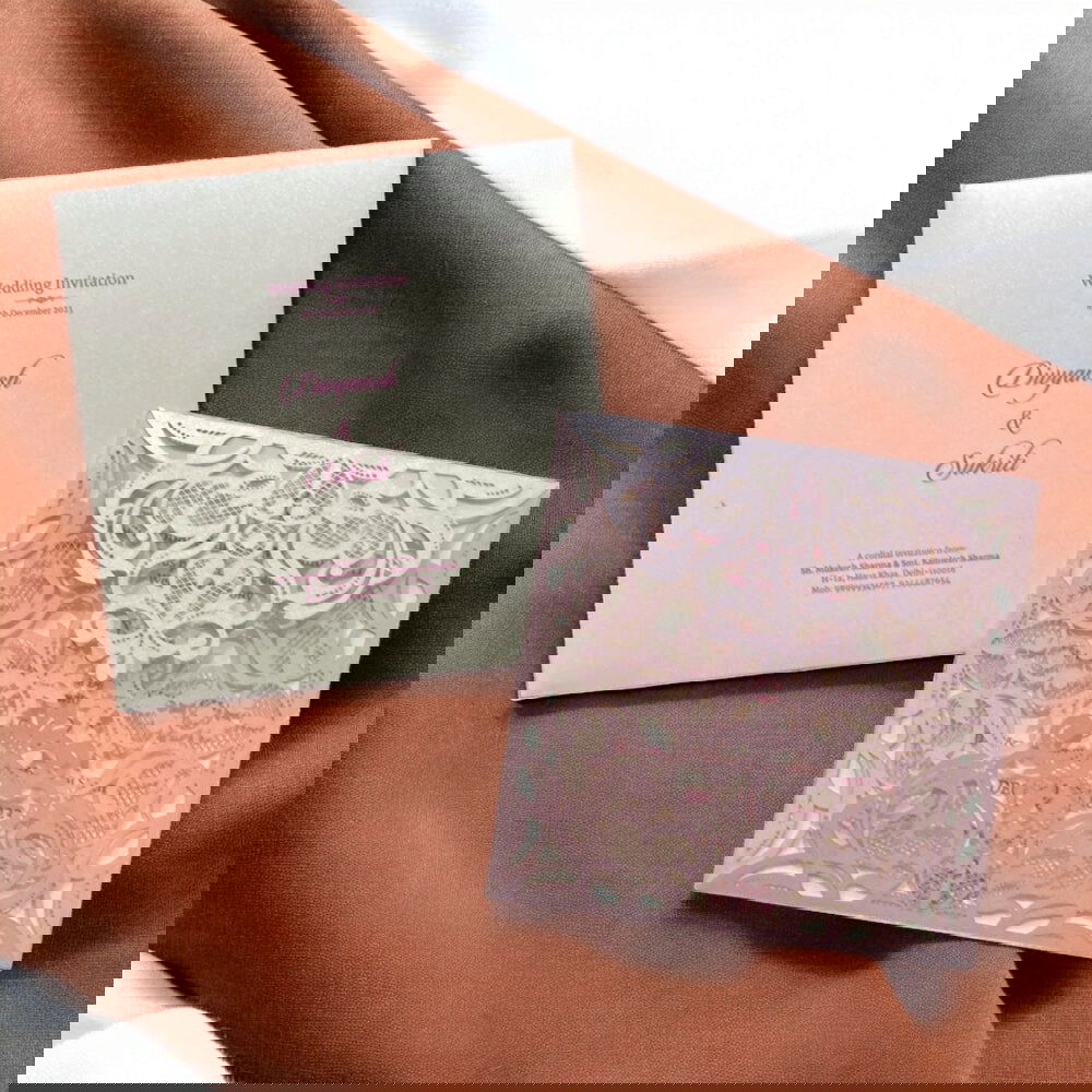 KL8016-4 Laser Cut Paper Wedding Card with 2 Card Inserts and 1 Envelope - Kalash Cards