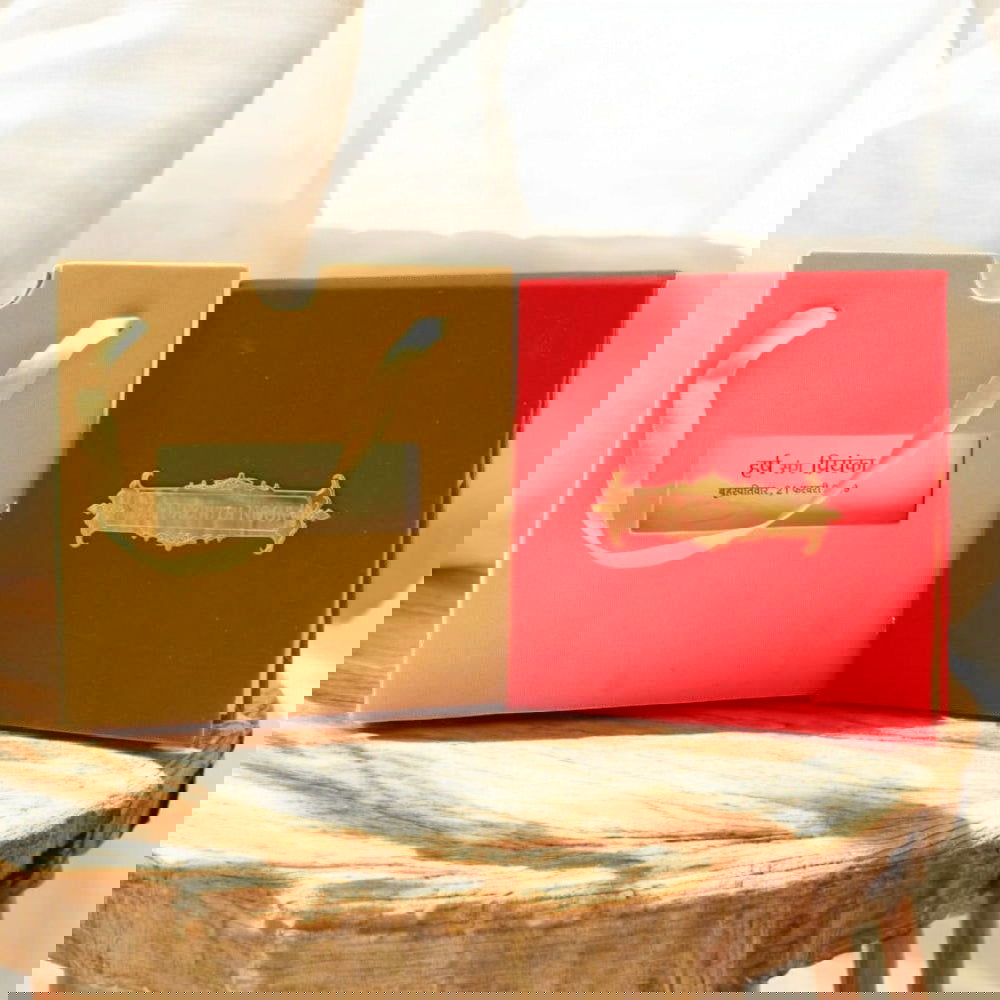 KL9005S1 Velvet Fabric Thick Board Wedding Card with 2 Card Inserts, 1 MDF Carry Bag Style Holder and Acrylic Mirror with Couple Names - Kalash Cards