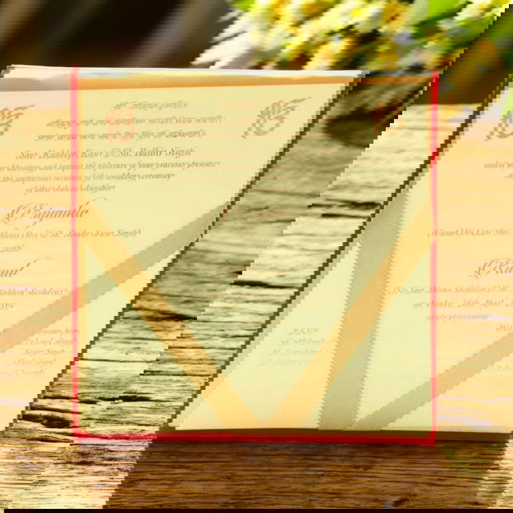 KL9005S1 Velvet Fabric Thick Board Wedding Card with 2 Card Inserts, 1 MDF Carry Bag Style Holder and Acrylic Mirror with Couple Names - Kalash Cards