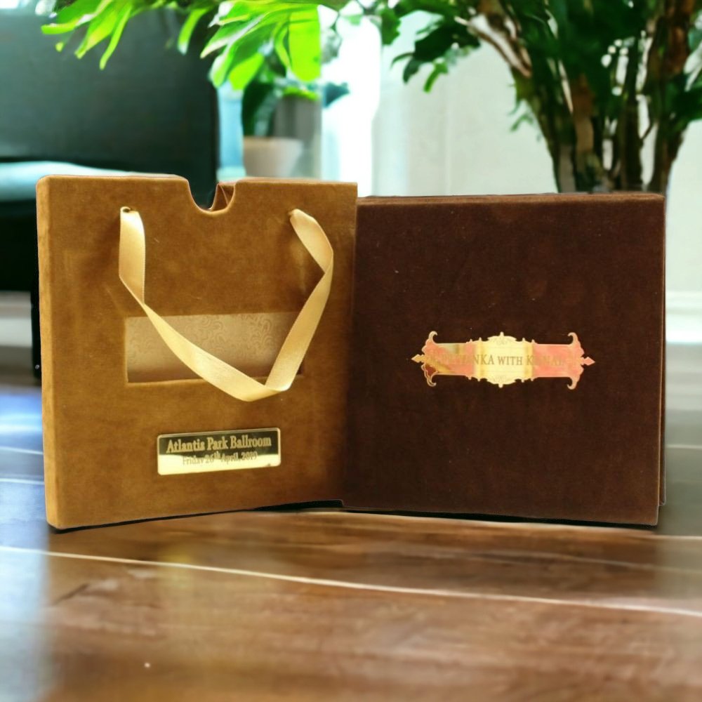 KL9005S2 Velvet Thick Board Wedding Card with 2 Card Inserts, 1 MDF Carry Bag Style Holder and Acrylic Mirror with Couple Names - Kalash Cards