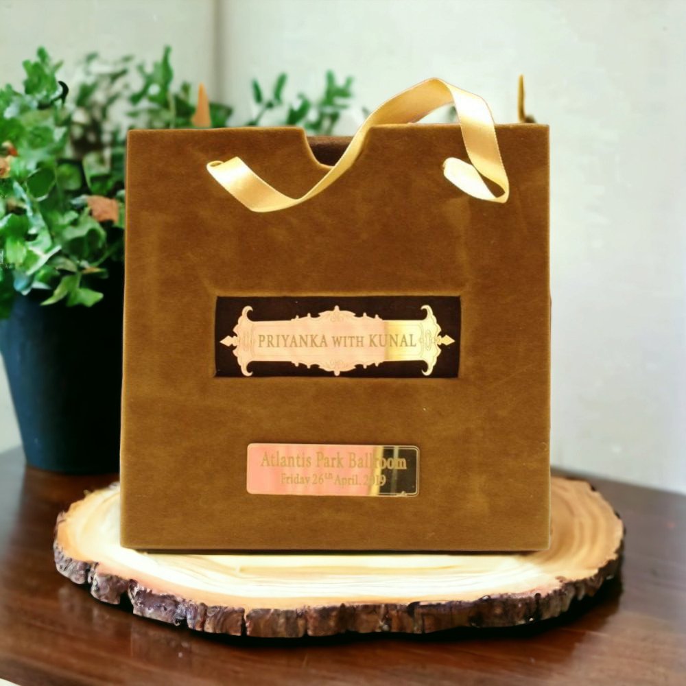 KL9005S2 Velvet Thick Board Wedding Card with 2 Card Inserts, 1 MDF Carry Bag Style Holder and Acrylic Mirror with Couple Names - Kalash Cards