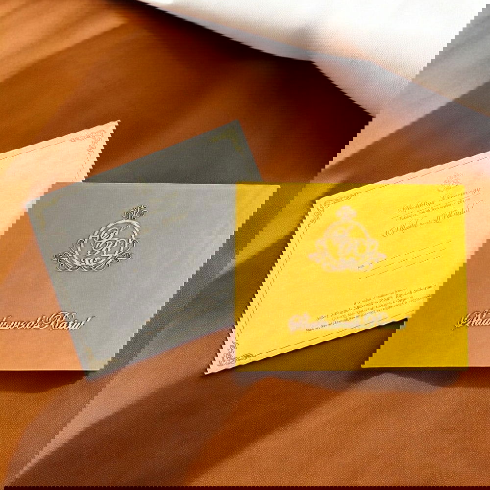 KL9007 Velvet Fabric Thick Luxury Wedding Card with 2 Card Inserts, 1 Envelope, Couple Names and Initials Laser - Kalash Cards