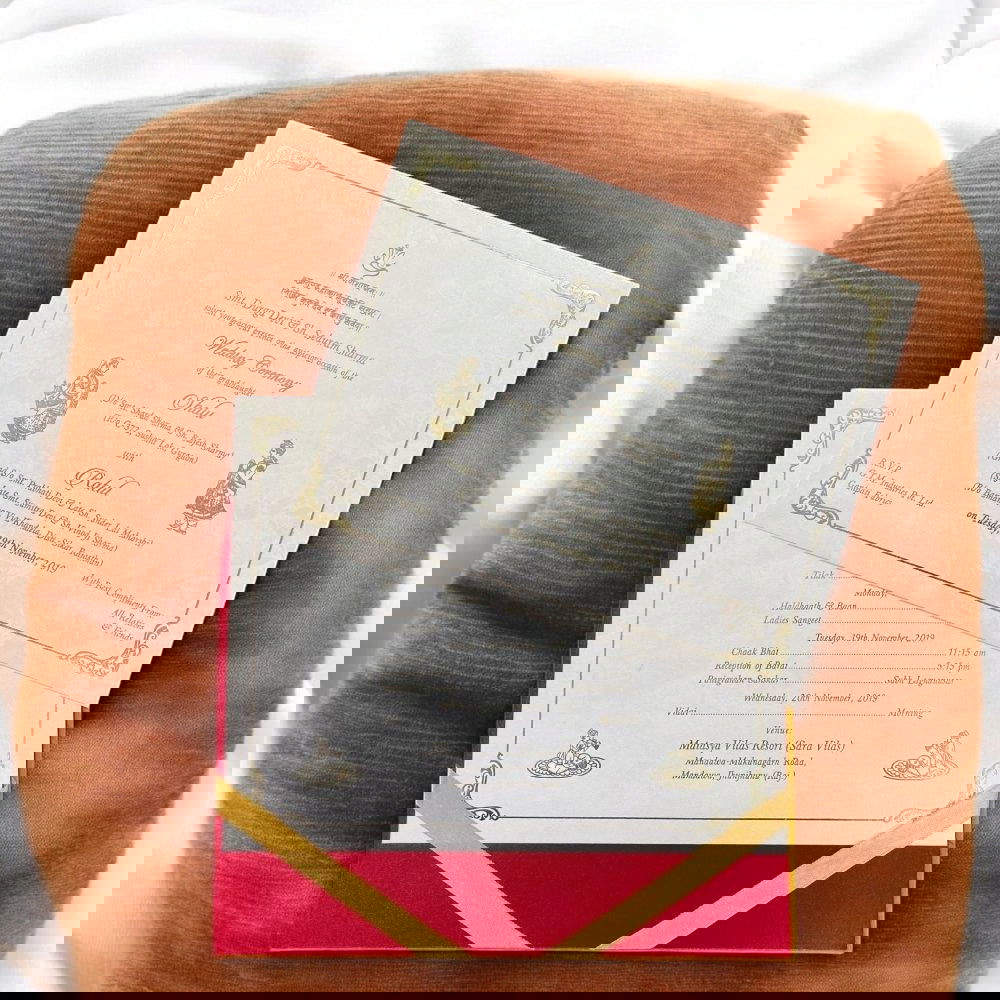 KL9007 Velvet Fabric Thick Luxury Wedding Card with 2 Card Inserts, 1 Envelope, Couple Names and Initials Laser - Kalash Cards