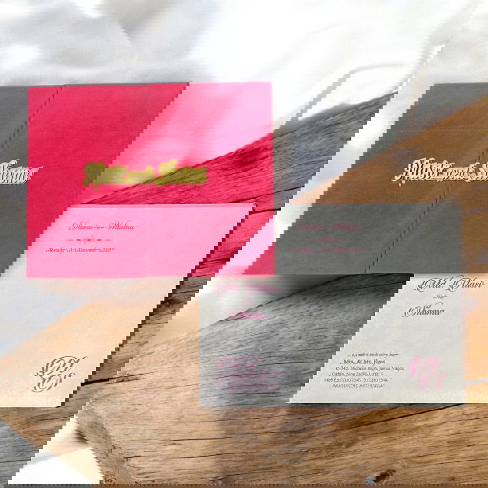 KL9008 Door Style Velvet Fabric Thick Luxury Wedding Card with 2 Card Inserts, 1 Envelope and Couple Names Laser - Kalash Cards