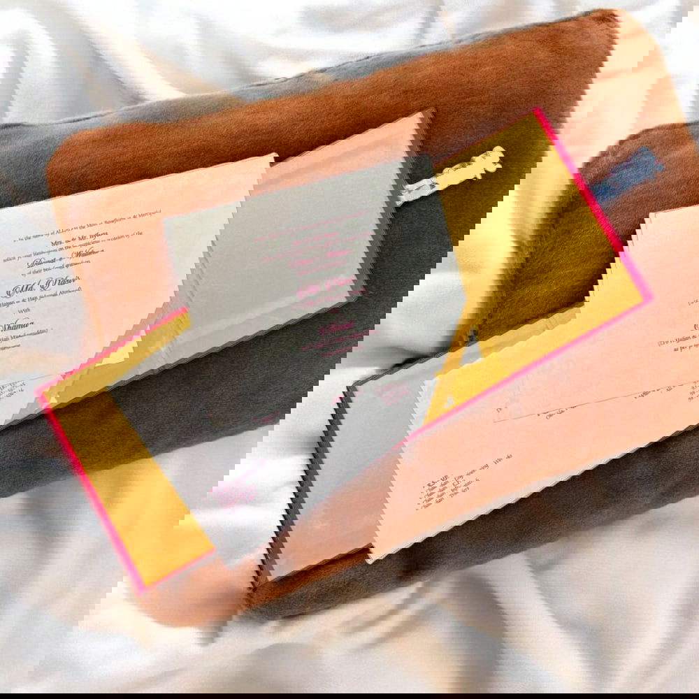 KL9008 Door Style Velvet Fabric Thick Luxury Wedding Card with 2 Card Inserts, 1 Envelope and Couple Names Laser - Kalash Cards