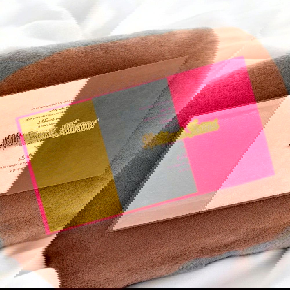 KL9008 Door Style Velvet Fabric Thick Luxury Wedding Card with 2 Card Inserts, 1 Envelope and Couple Names Laser - Kalash Cards