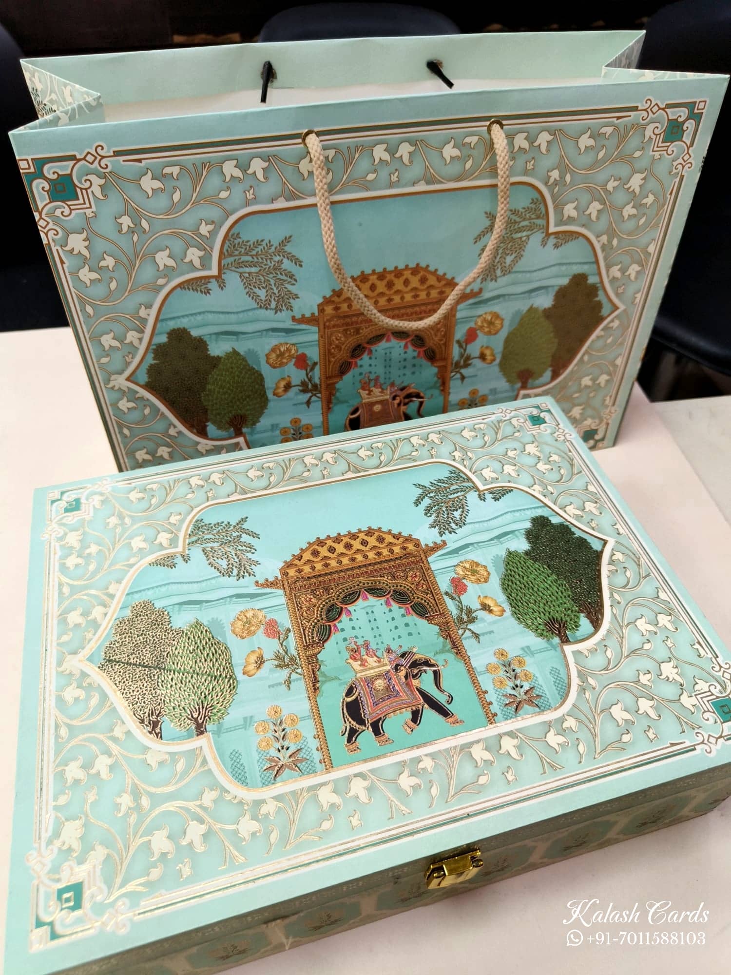 KL9009 Exclusive Elephant Design Wood MDF Luxury Gift Box with Matching Carry Bag & 2 Page Translucent Cover Card (2 Jars 250gm each approx)