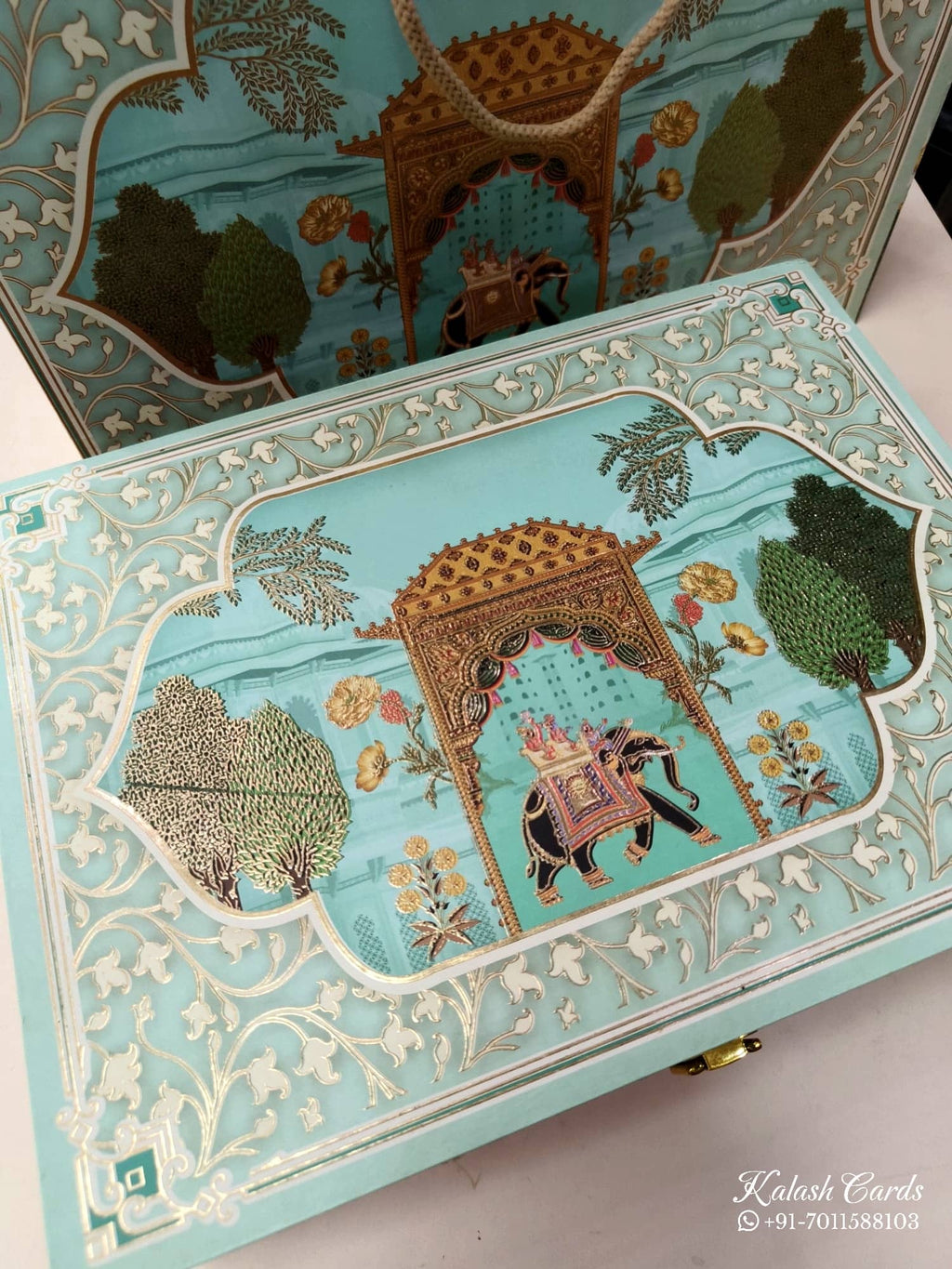 KL9009 Exclusive Elephant Design Wood MDF Luxury Gift Box with Matching Carry Bag & 2 Page Translucent Cover Card (2 Jars 250gm each approx)