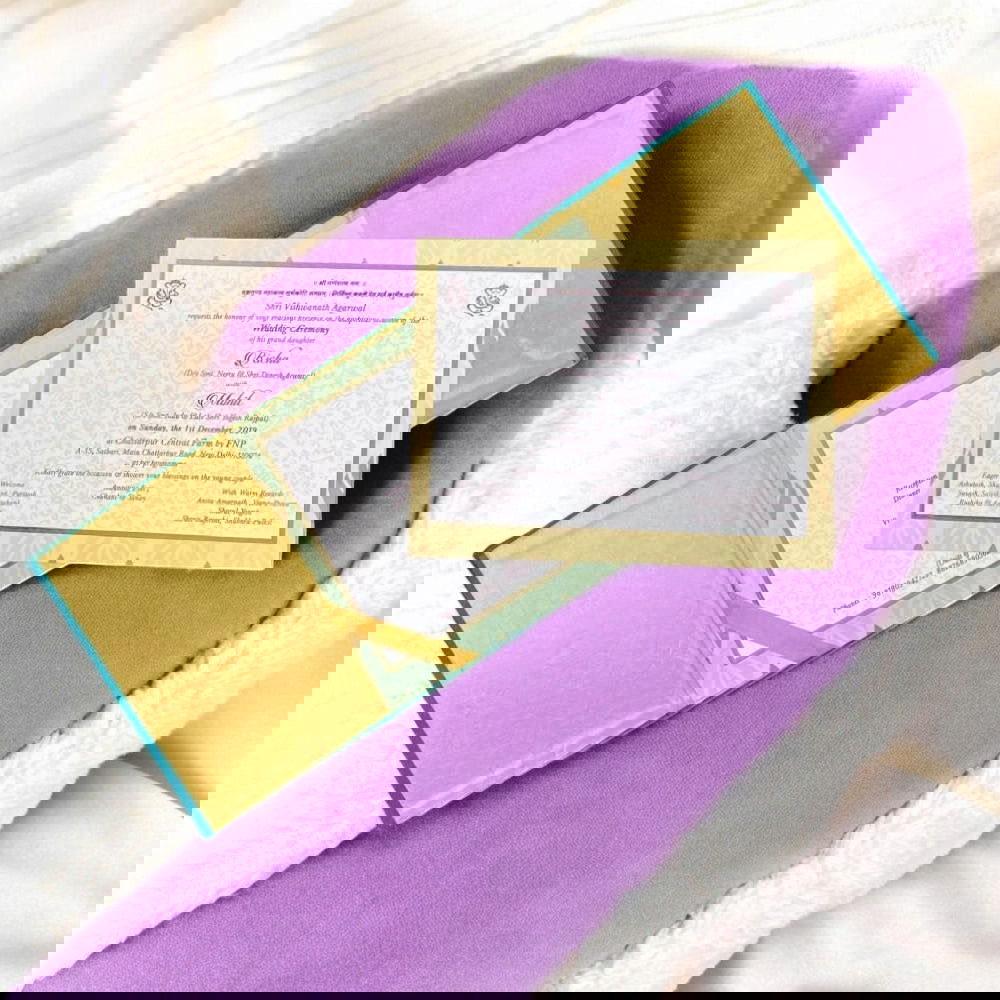 KL9009 Door Style Velvet Fabric Thick Luxury Wedding Card with 2 Card Inserts, 1 Envelope and Acrylic Mirror with Couple Names - Kalash Cards