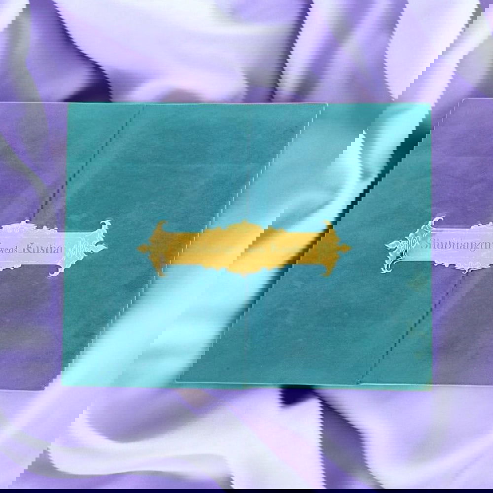 KL9009 Door Style Velvet Fabric Thick Luxury Wedding Card with 2 Card Inserts, 1 Envelope and Acrylic Mirror with Couple Names - Kalash Cards