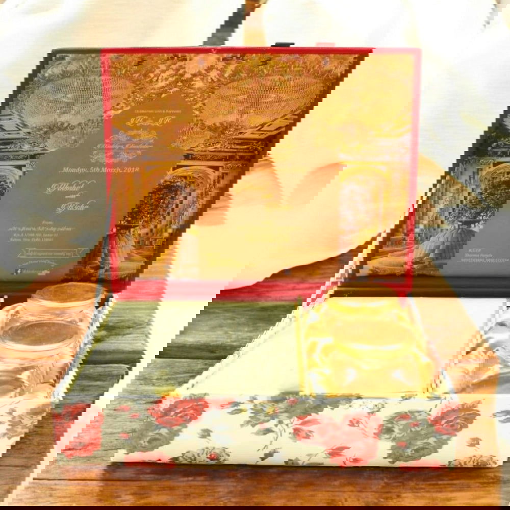 KL9010B Velvet Fabric MDF Wedding Invitation Box with 2 Printed Card Inserts (2 Jars) - Kalash Cards