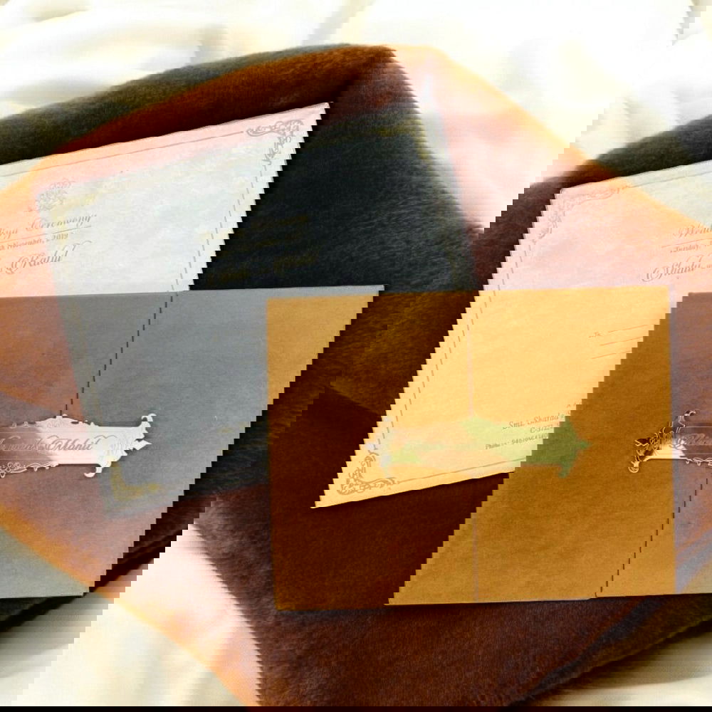 KL9010 Door Style Velvet Fabric Thick Luxury Wedding Card with 2 Card Inserts, 1 Envelope and Acrylic Mirror with Couple Names - Kalash Cards