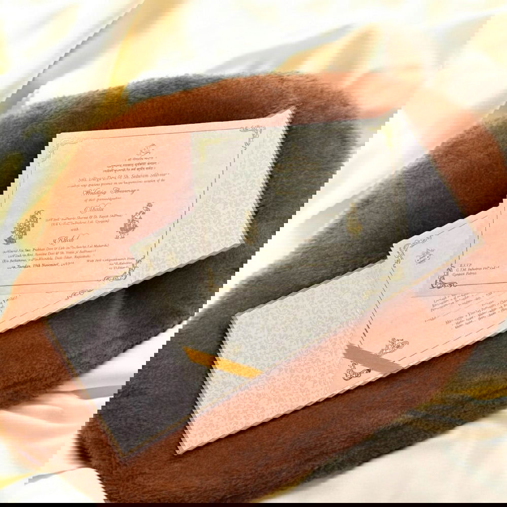 KL9010 Door Style Velvet Fabric Thick Luxury Wedding Card with 2 Card Inserts, 1 Envelope and Acrylic Mirror with Couple Names - Kalash Cards