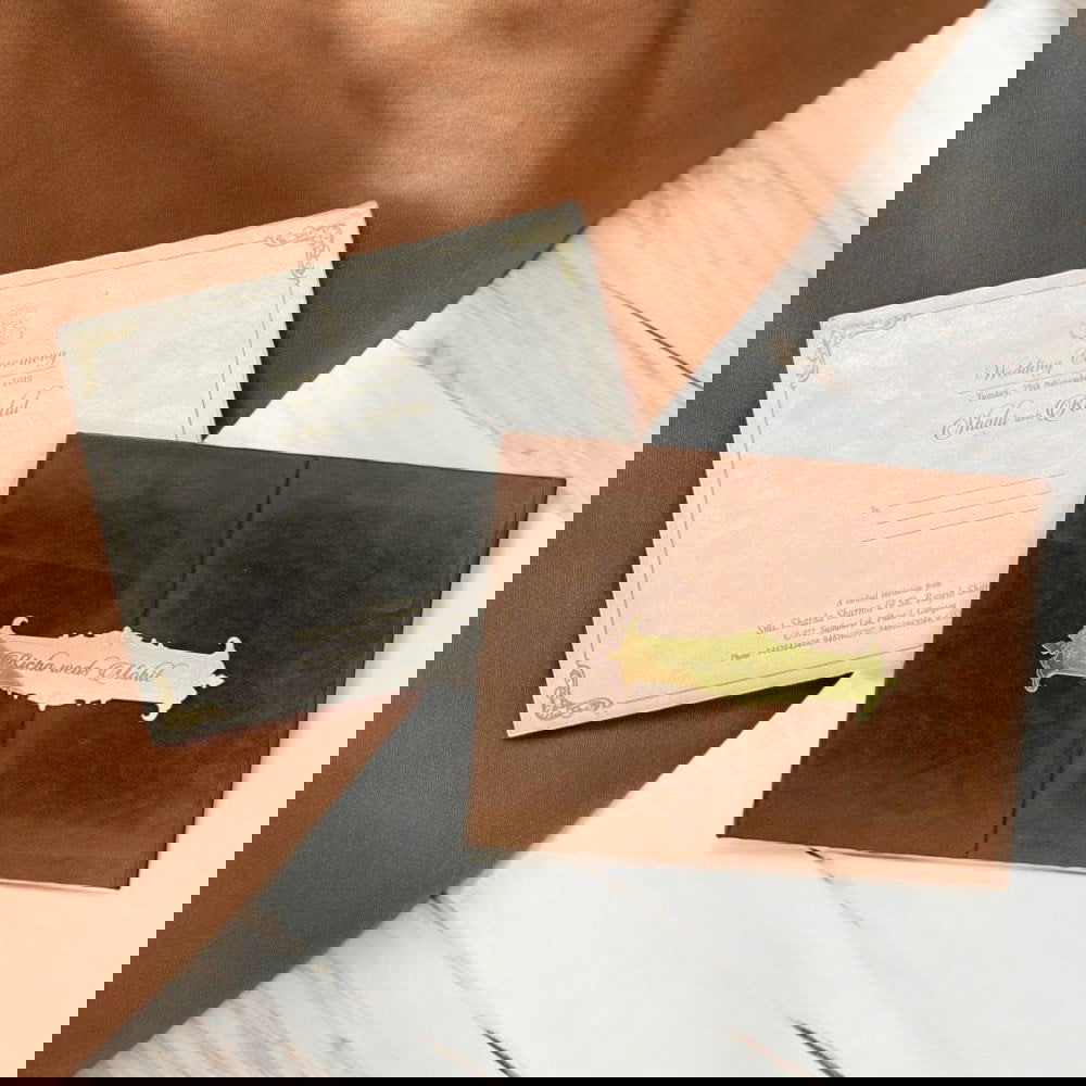 KL9011 Door Style Velvet Fabric Thick Luxury Wedding Card with 2 Card Inserts, 1 Envelope and Acrylic Mirror with Couple Names - Kalash Cards