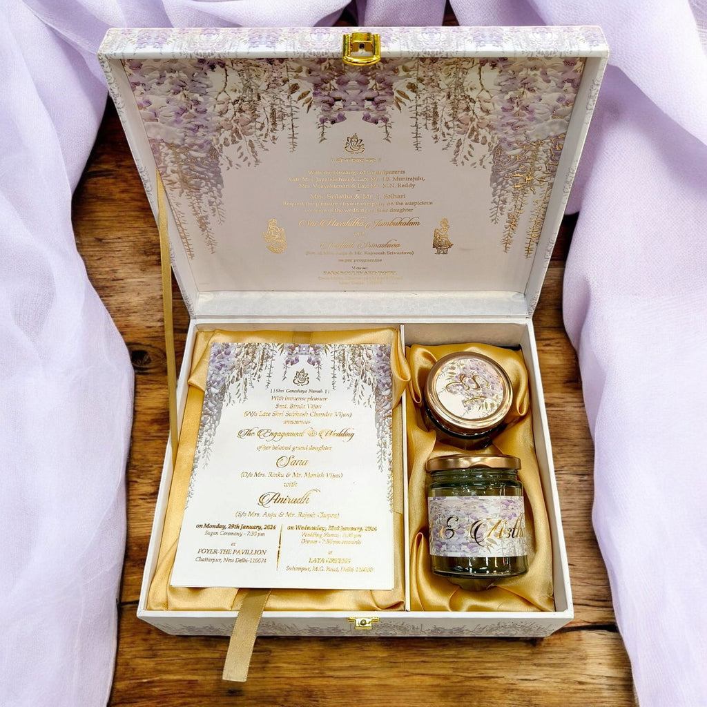 KL9012B Designer Purple Flower Luxury MDF Gift Box with 2 Foil Print Inserts (2 Jars) - Kalash Cards