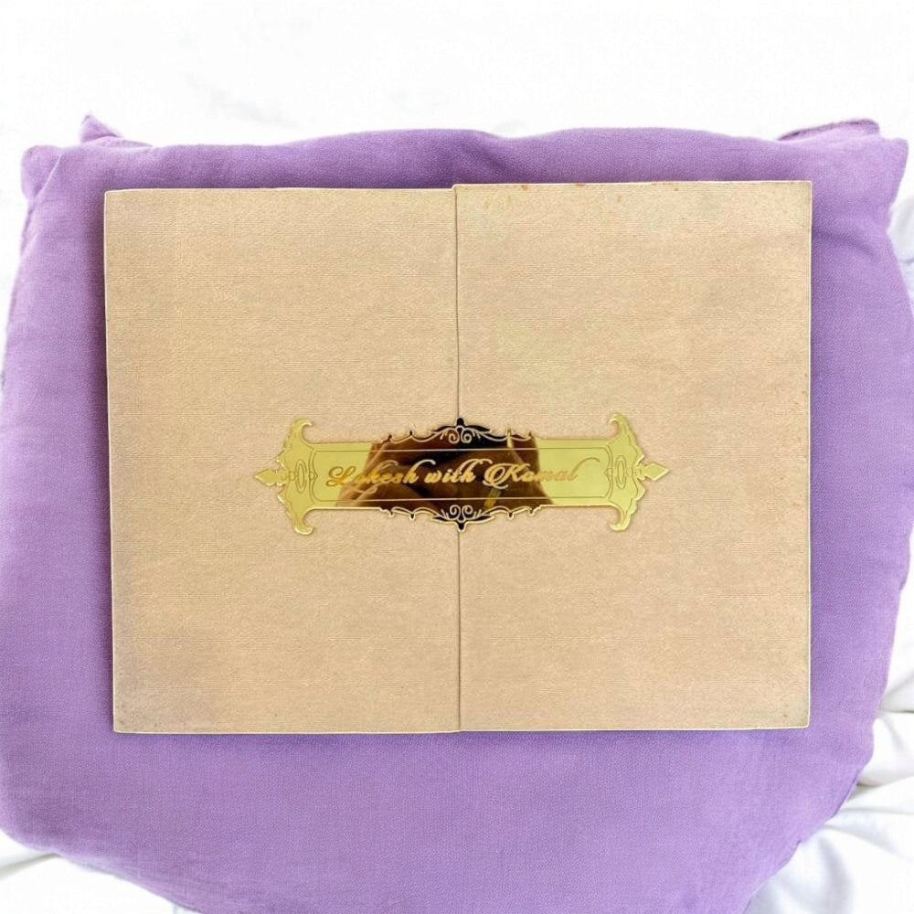 KL9012 Door Style Velvet Fabric Thick Luxury Wedding Card with 2 Card Inserts, 1 Envelope and Acrylic Mirror with Couple Names - Kalash Cards