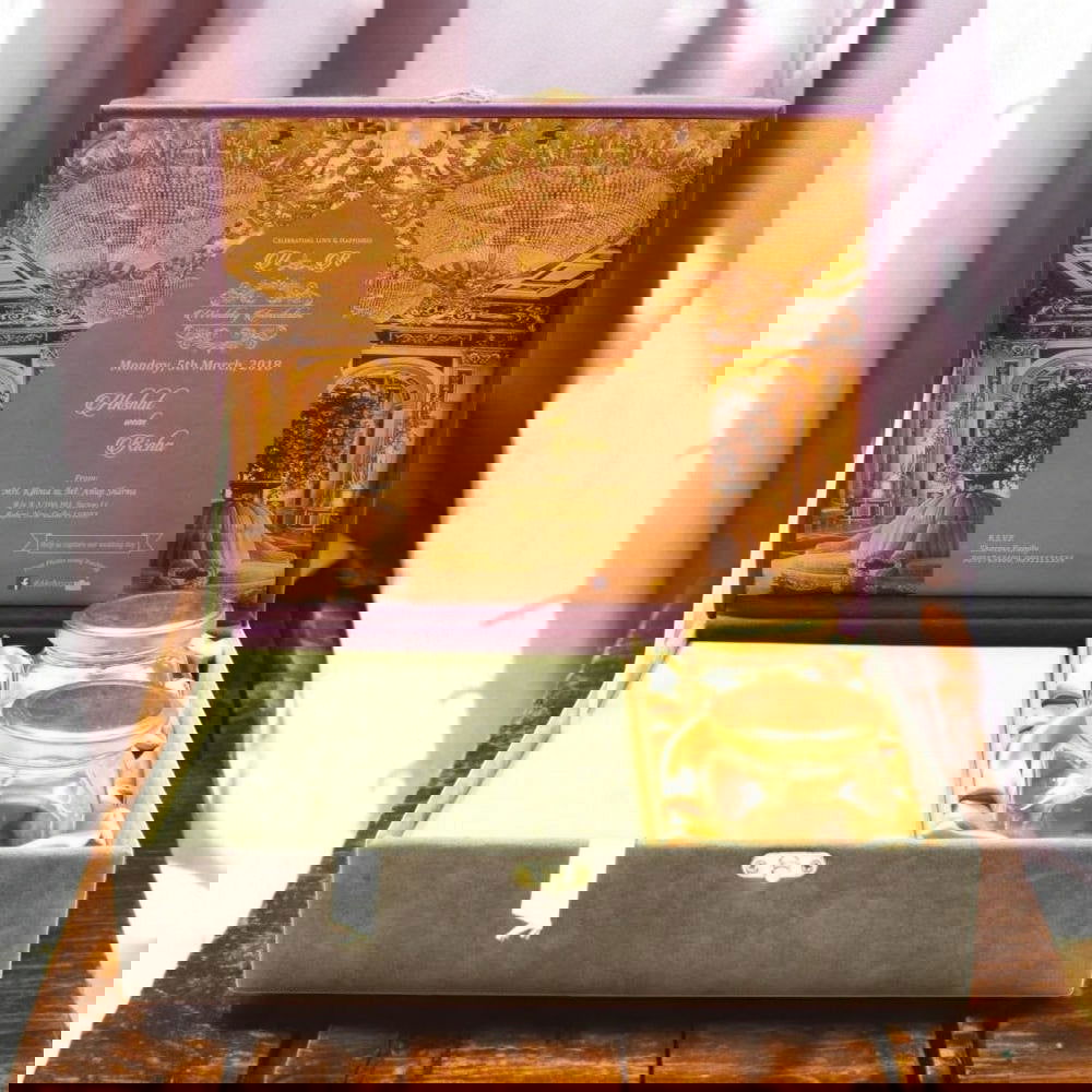 KL9013B Velvet Fabric MDF Wedding Invitation Box with 2 Printed Card Inserts (2 Jars) - Kalash Cards