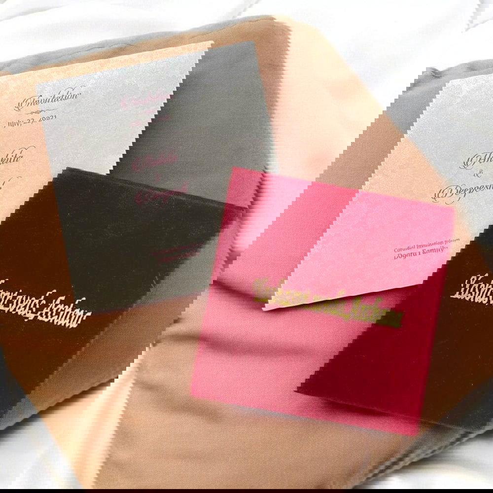 KL9014 Velvet Fabric Thick Luxury Wedding Card with 2 Card Inserts, 1 Envelope and Couple Names Laser - Kalash Cards