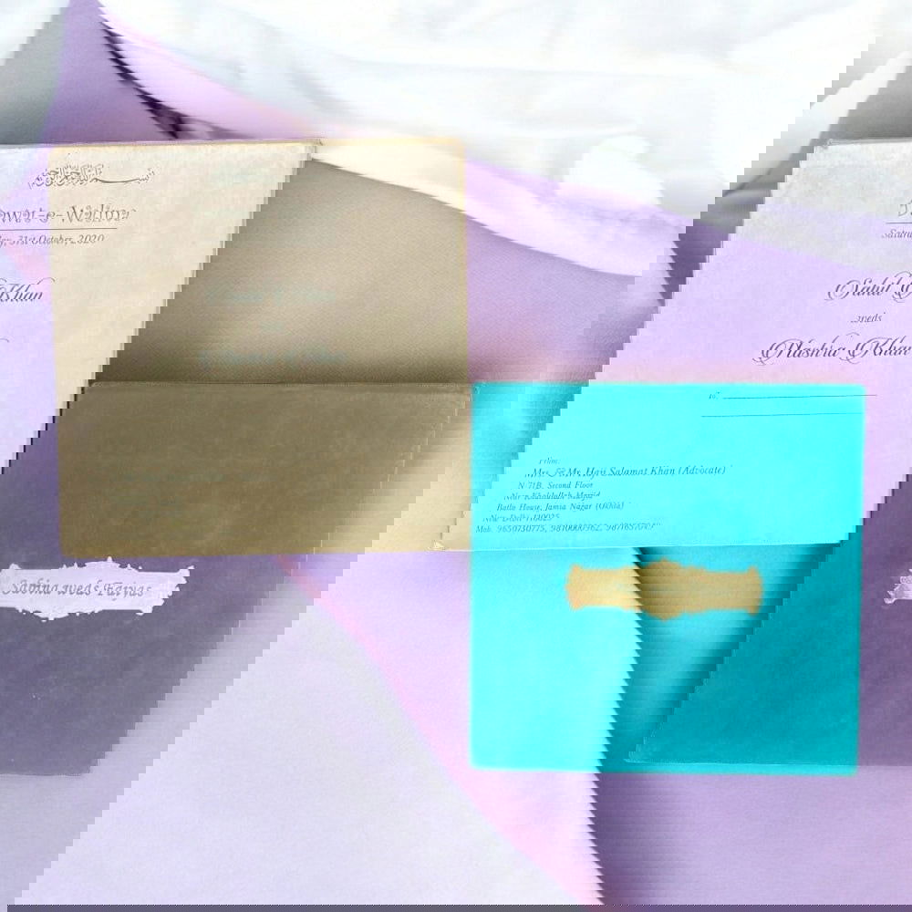 KL9015 Velvet Fabric Thick Luxury Wedding Card with 2 Printed Card Inserts, 1 Envelope and Acrylic Mirror with Couple Names - Kalash Cards