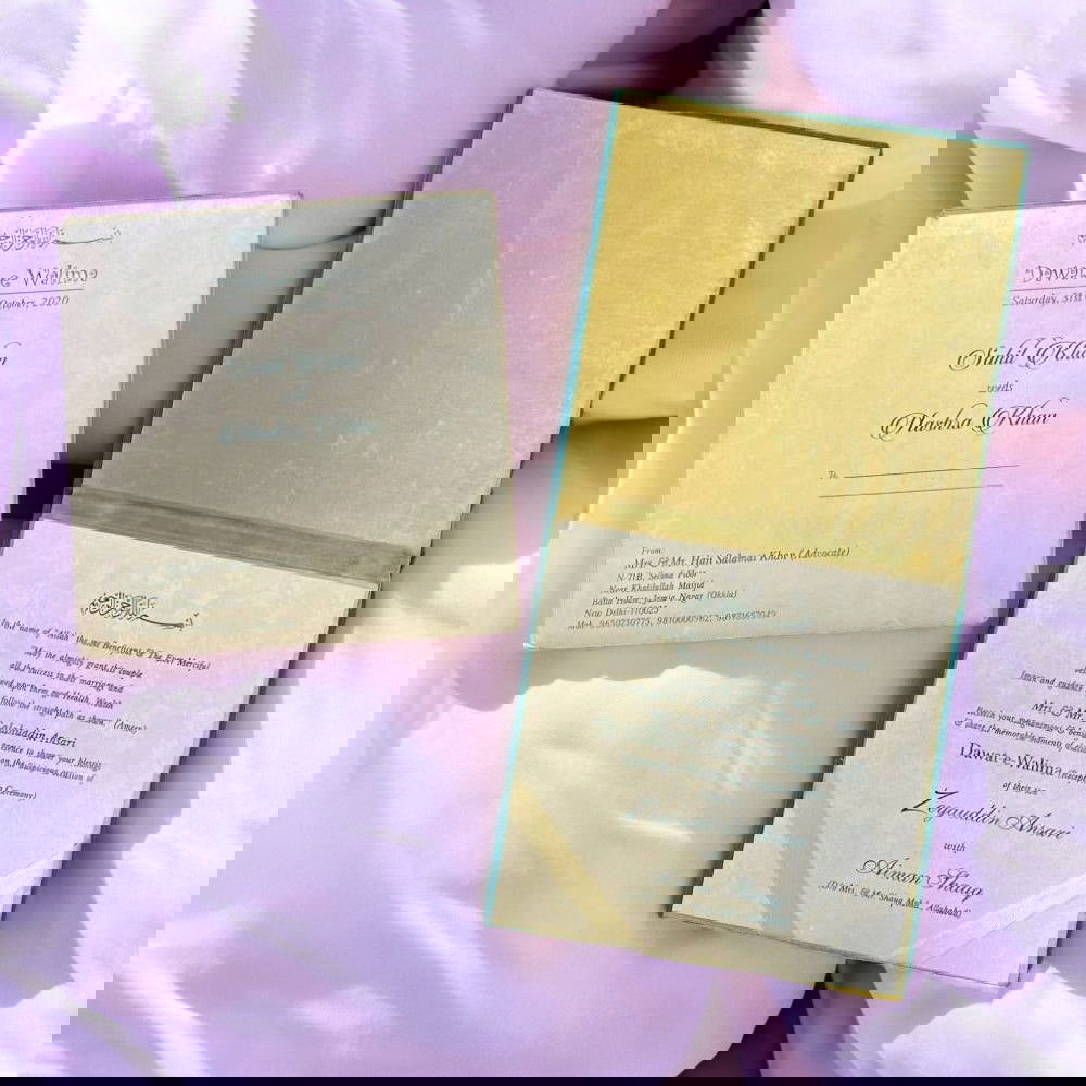 KL9015 Velvet Fabric Thick Luxury Wedding Card with 2 Printed Card Inserts, 1 Envelope and Acrylic Mirror with Couple Names - Kalash Cards