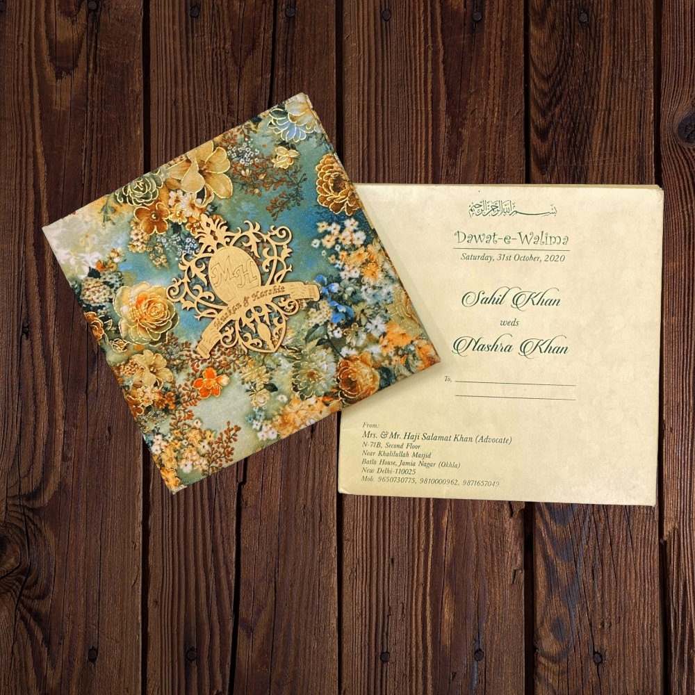 KL9016 Velvet Fabric Thick Luxury Wedding Card with 2 Card Inserts, 1 Envelope and Couple Initial Laser - Kalash Cards