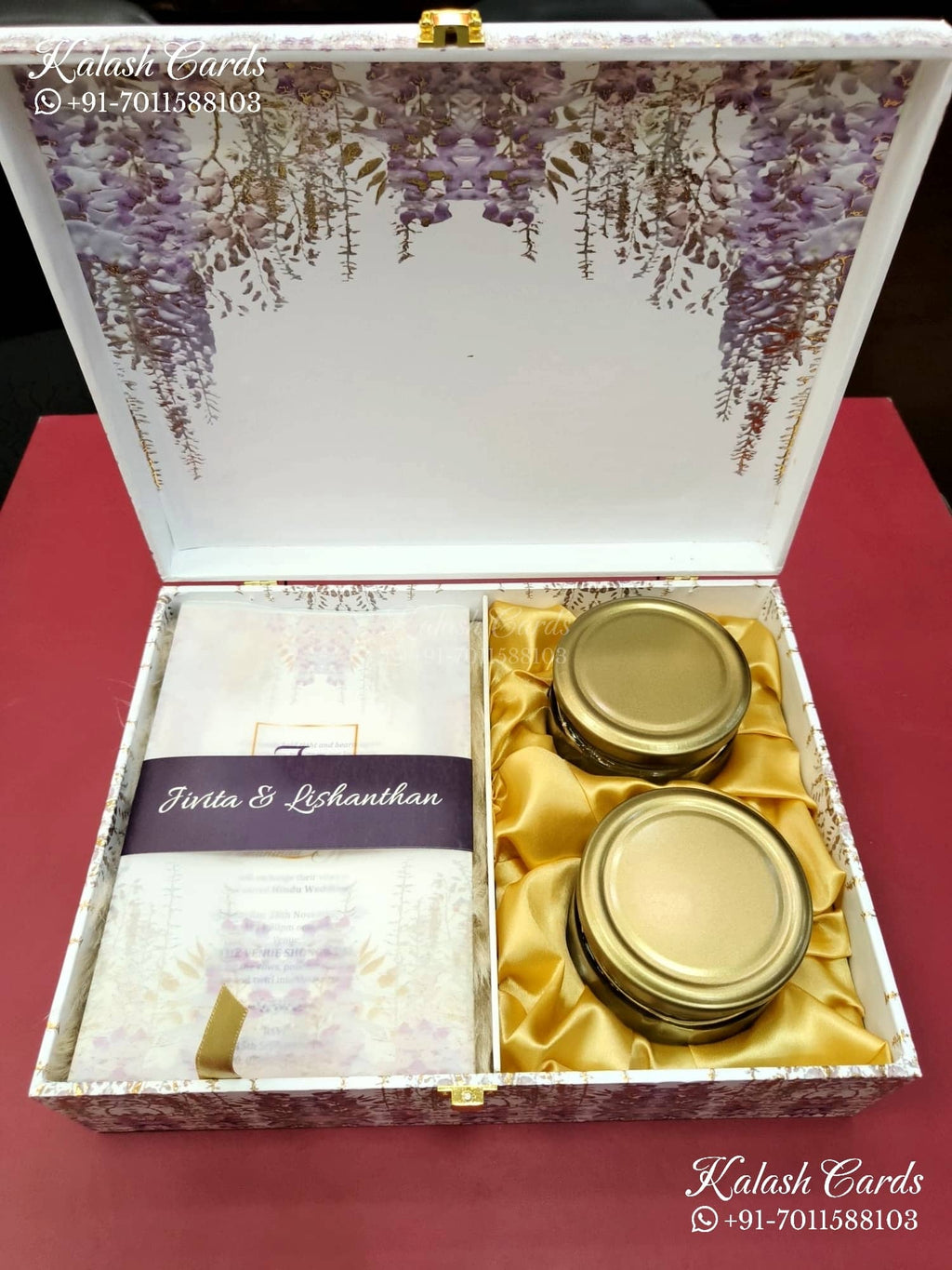 KL9017 Floral Design MDF Luxury Gift Box with 2 Page Translucent Cover Card & Matching Carry Bag (2 Jars 250gm each approx)