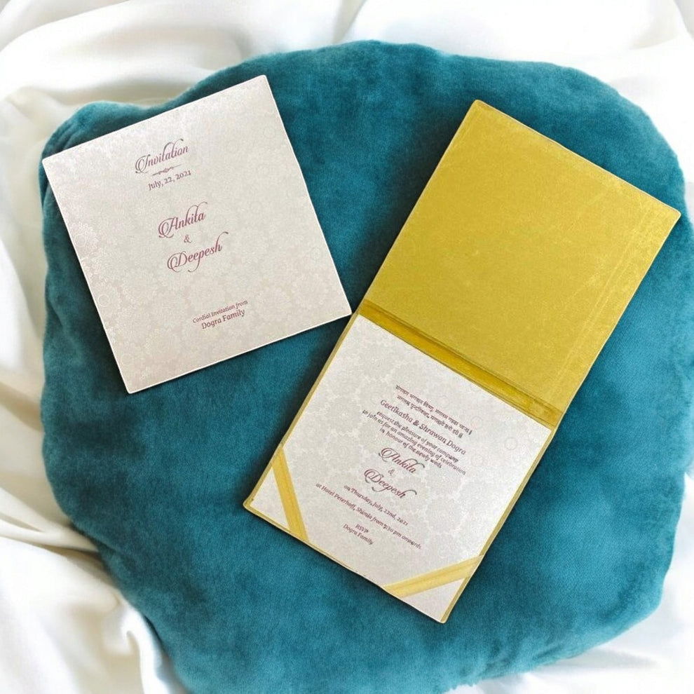 KL9017 Velvet Fabric Thick Luxury Wedding Card with 2 Card Inserts, 1 Envelope and Acrylic Mirror with Couple Names - Kalash Cards