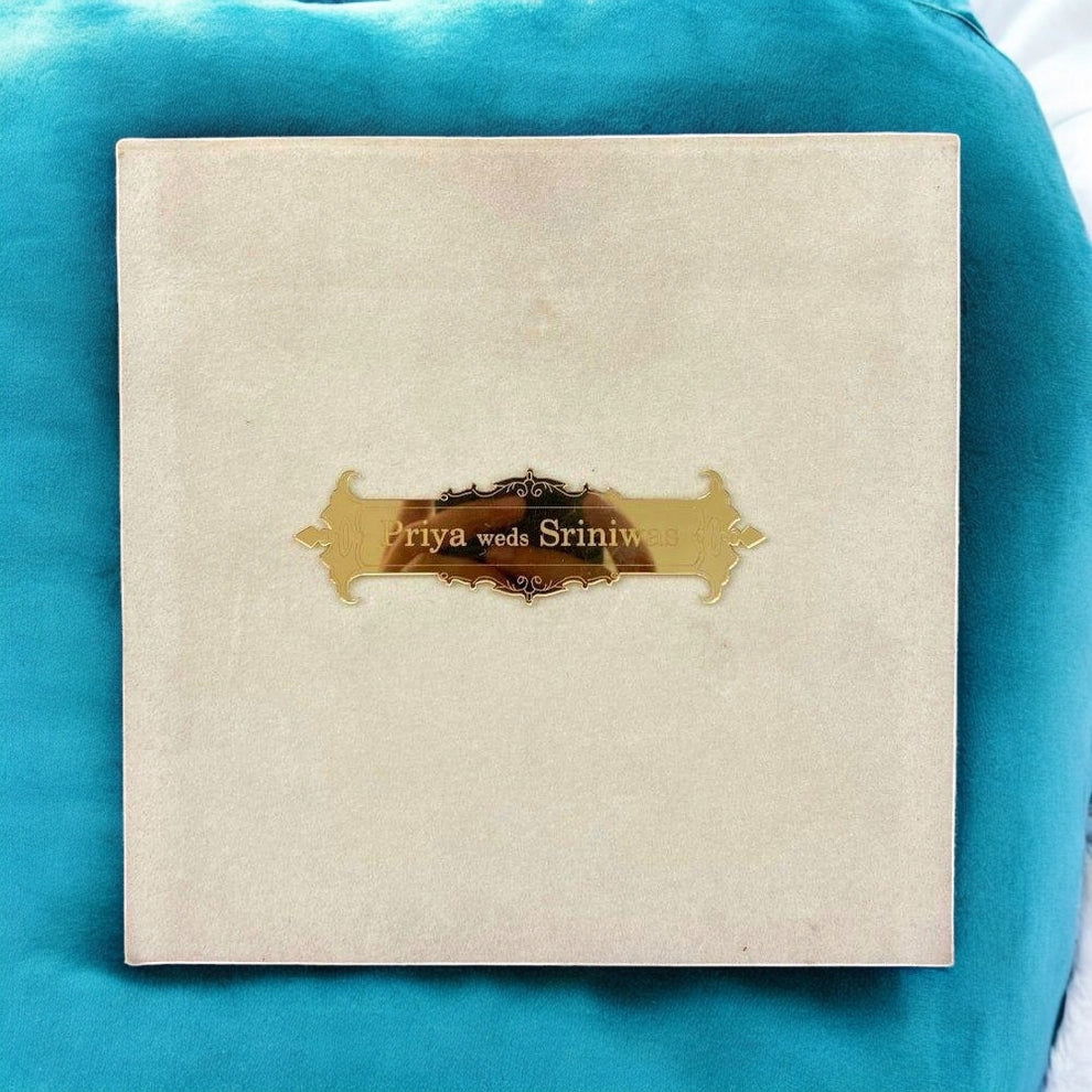 KL9017 Velvet Fabric Thick Luxury Wedding Card with 2 Card Inserts, 1 Envelope and Acrylic Mirror with Couple Names - Kalash Cards